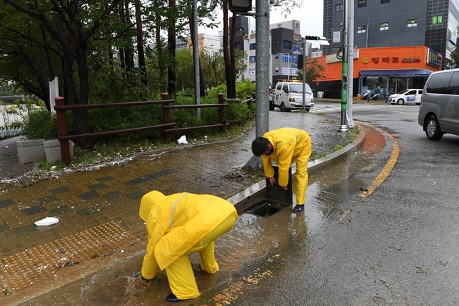 9월 7일 오전 9시30분경 기장군 직원들이 정관읍 도로변 배수로를 확보하고 있다.(사진제공=부산 기장군)