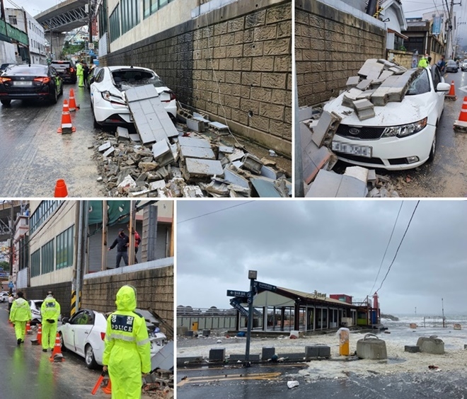 9월 7일 오전 9시 영도 경남조선 삼거리 종우상사 앞 벽면이 강풍으로 무너지면서 주차차량 2대 파손 (인피없음)./해운대 청사포버스정류장. (사진제공=부산경찰청)