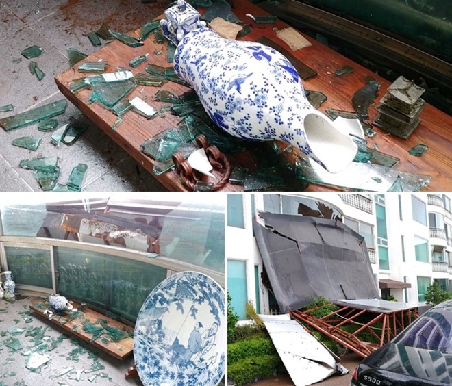 9월 7일 오전 태풍 하이선 강풍으로 철골구조물이 빌라 1,2,층을 덮쳐 베란다 및 내부 파손.(사진제공=부산경찰청)