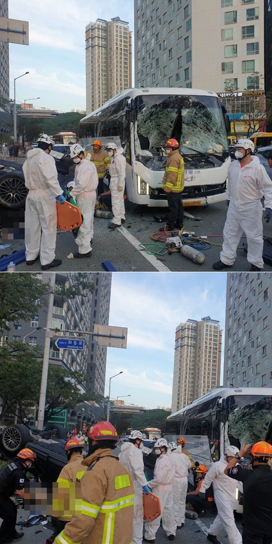 14일 오후 해운대구 중동역 교차로 7중 교통사고.(사진제공=부산경찰청)