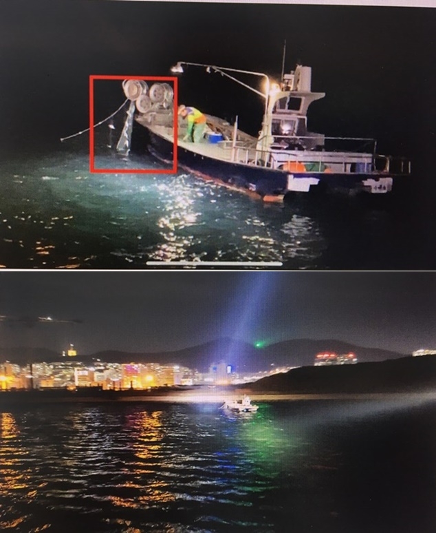 양망중인 그물에 전어가 포획돼 올라오고 있다/부산항 제2부두 안벽 남쪽 10m해상에서 자망그물을 양망중인 OO호.(사진제공=부산해양경찰서)