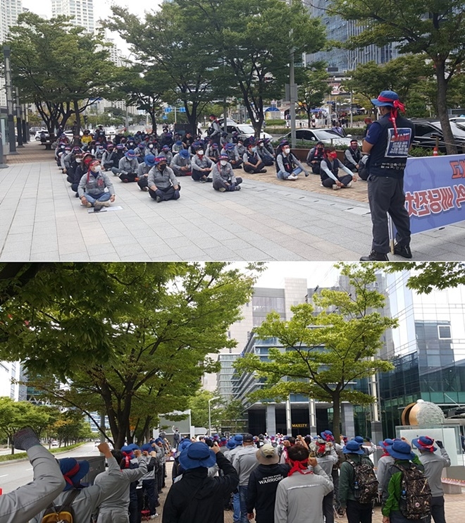 22일 부산현대글로벌서비스 앞 집회.(사진제공=현대중공업지부)