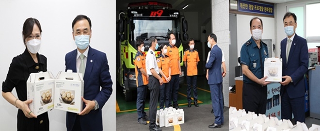 추석을 맞아 코로나19 방역 등 협조에 감사와 응원 메시지를 전하고 있는 차정인 부산대 총장(왼쪽부터 금정구보건소, 부곡119안전센터, 장전지구대).(사진제공=부산대학교)