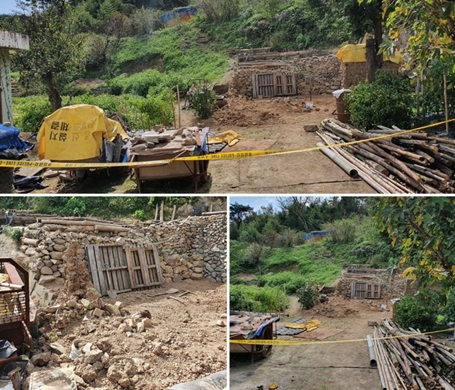 70대 남성이 헛간 돌 담벼락을 보수하다 무너져 병원이송 사망.(사진제공=부산경찰청)