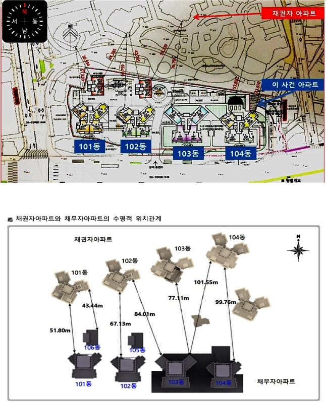 채권자들 아파트단지와 이 사건 주상복합건물단지의 배치도 및 조감도.