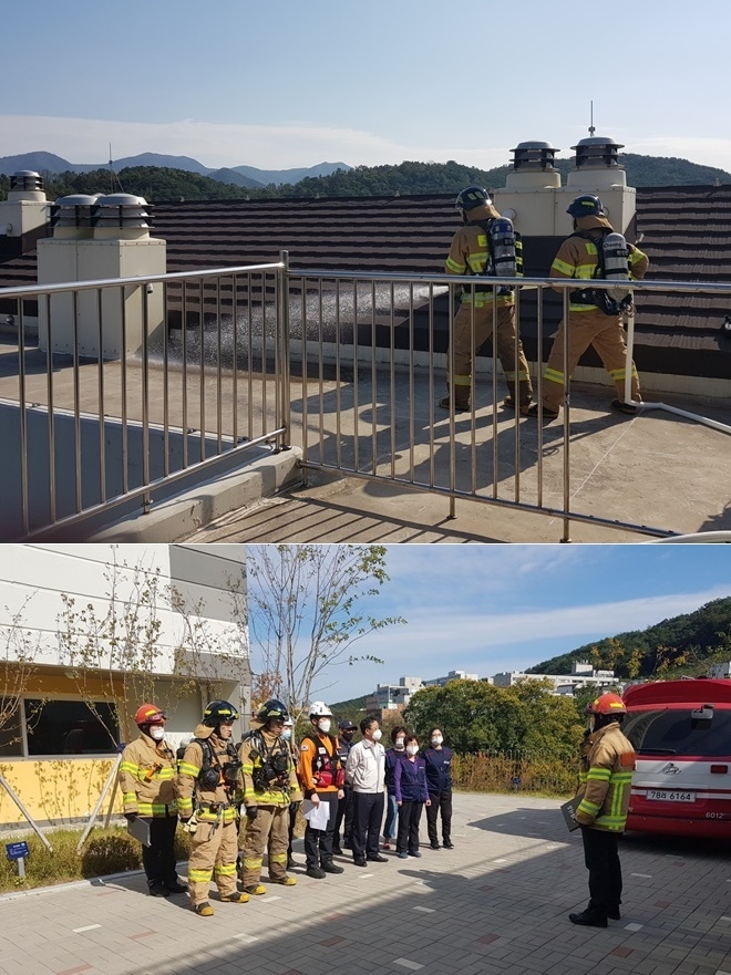 울산 온산소방서 고층건축물 화재대응 현지적응훈련.(사진제공=온산소방서)