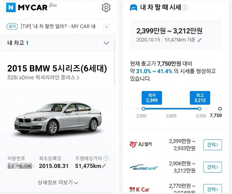 ‘네이버 MY CAR ’ 중고차 시세 조회.(사진=AJ셀카)