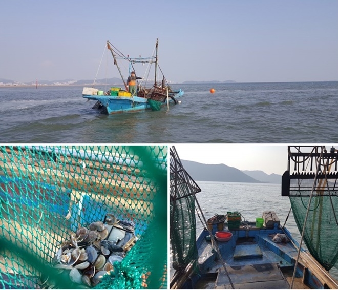 진우도 해상 불법 조업 중인 형망어선 및 불법어획물.(사진제공=부산해양경찰서)