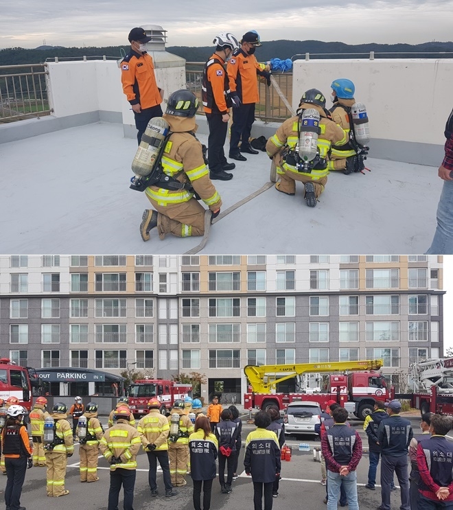 22일 오후 울주군 온양읍 서희스타힐스 건물에서 고층건축물 현장대응 훈련.(사진제공=울산 온산소방서)