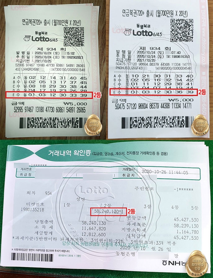 동행복권 제 934회 2등 당첨자 3명 로또 이용내역. 사진=로또리치