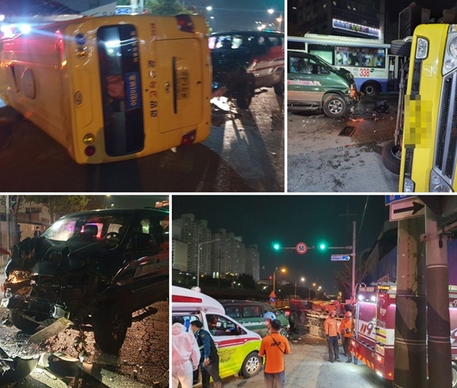 28일 오후 6시 8분경 부산 사상구 학장동서 25인승 버스와 봉고 출동 교통사고.(사진제공=부산경찰청)