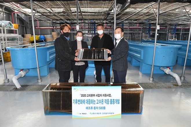 기장군해조류육종융합연구센터가 11월 3일 기후변화에 대응하는 고수온 적응 품종개발 해조류 종자 500틀 전달식.(사진제공=부산 기장군)
