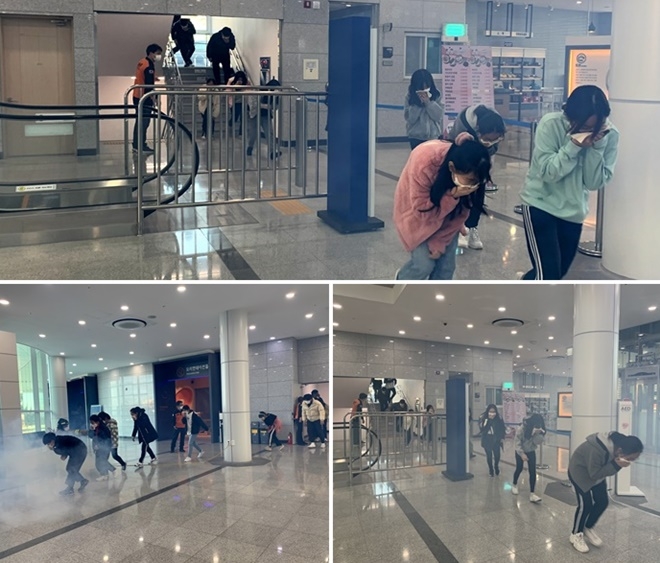 무거초등학교 5학년 학생들이 안전체험관에서 불시 대응훈련을 하고 있다.(사진제공=울산소방본부)