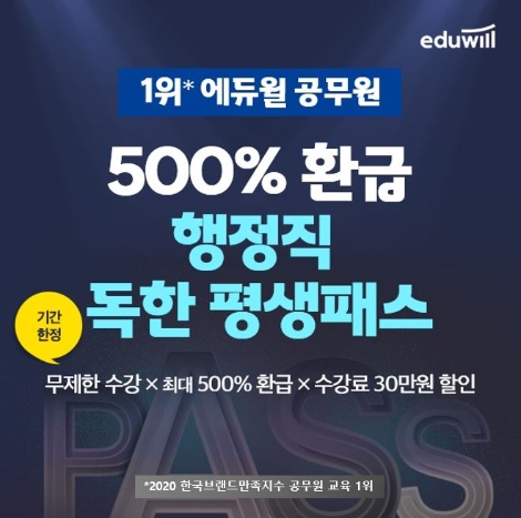 에듀윌 공무원, 행정직·기술직 9급 평생패스 ‘500% 환급’ 혜택 공개