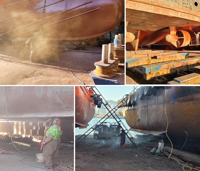 (사진위부터 시계방향) 야외연마 작업으로 먼지가 흩날리는 장면/야외도장 작업으로 미세먼지가 흩날리는 장면/야외 녹제거 작업을 하면서 비산먼지가 흩날리는 장면/야외연마 작업으로 먼지가 흩날리는 장면.(사진제공=낙동강유역환경청)