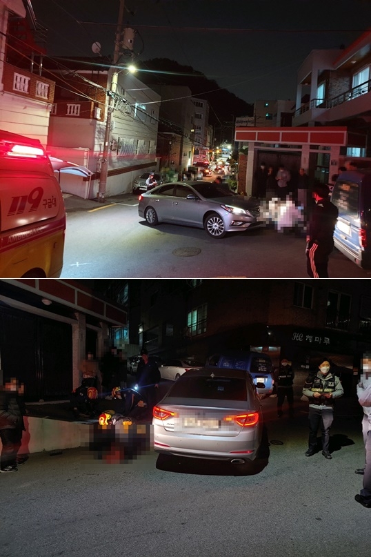 12월 7일 오후 9시 15분경 부산 남구 주택가 이면도로서 좌회전 하다 걸어오던 보행자 충격.(사진제공=부산경찰청)