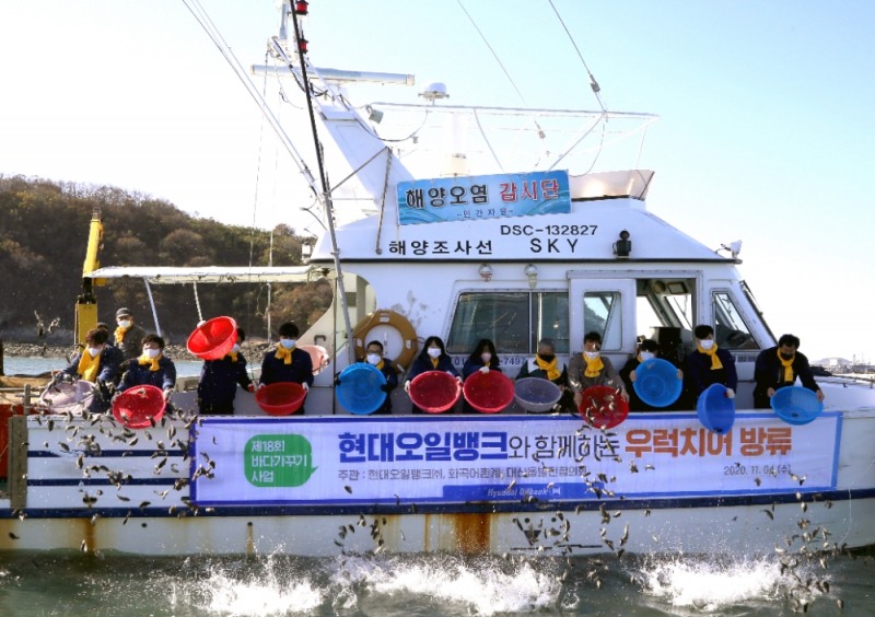 삼길포항에 새끼 우럭 20만 마리 방류.(사진=현대오일뱅크)