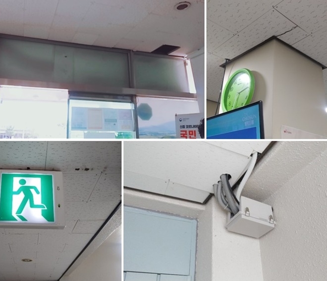 2020.7.10. 현장조사시 제주도 읍사무소 입구 천장텍스 파손(석면안전관리법 23조 2항 위반으로 손상된 구멍을 통한 석면의 비산으로 악성중피종 등 폐암발병 가능)/제주시 보건소 복도 텍스 깨짐 및 천공(석면안전관리법 23조 2항 위반으로 석면의 비산으로 인한 건강피해 우려)/한림체육관 복도 텍스 천공)/(사진제공=한국석면안전보건연대)
