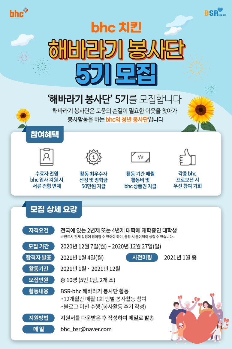 bhc치킨, 사회공헌 활동 BSR ‘해바라기 봉사단’ 5기 모집