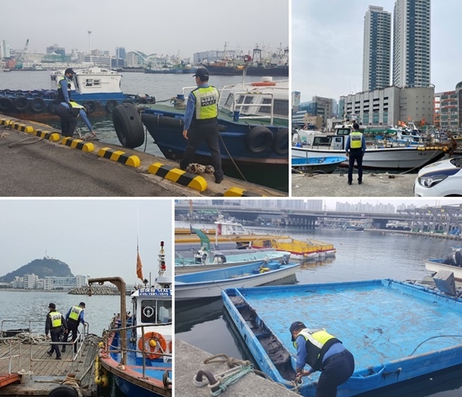 (사진위부터 시계방향으로 기상악화에 대비해 해양경찰관들이 남항/다대항/명지항/영도하리항 선박계류상태를 점검하고 있다.(사진제공=부산해양경찰서)