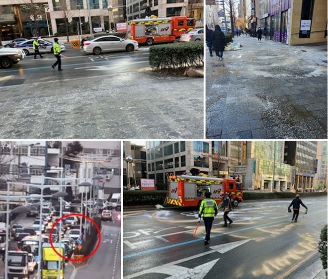 부산중부서 앞에서 남포동 방면에 노면결빙으로 추돌사고 발생.(사진제공=부산경찰청)