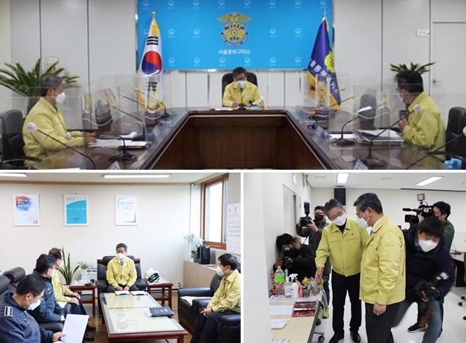 이용구 차관이 서울동부구치소를 방문하여 코로나19 대응 방안을 논의하고 확진수용자에게 지급되는 마스크 및 의약품 등을 점검하고 있다./ 이용구 차관이 고층빌딩형 교정시설인 수원구치소를 방문하여 코로나19 대응 상황을 청취하고 있다.(사진제공=법무부)