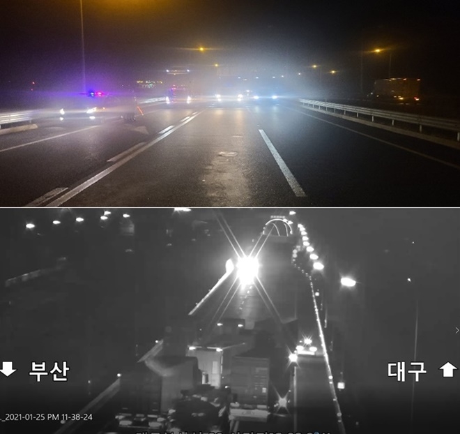 1월 25일 오후 11시 42분경 삼랑진IC부근 전차로 통제해 13km만취 역주행 차량운전자를 검거.(사진제공=부산경찰청)