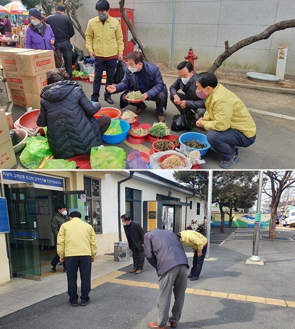 국민의힘 울산 북구당원협의회 박대동 위원장 등이 11일 호계역과 호계시장을 찾아 사인들의 고충을 듣고 위로하고 있다.(사진제공=국민의힘 울산북구 당원협의회)