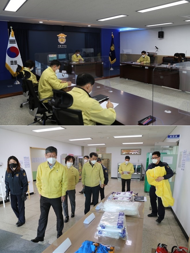 이용구 차관이 13일 서울구치소를 방문하여 코로나19 대응 방안을 논의하고 있다. / 이용구 차관이 서울구치소 확진수용자에게 지급되는 마스크 및 의약품 등을 점검하고 있다.(사진제공=법무부)
