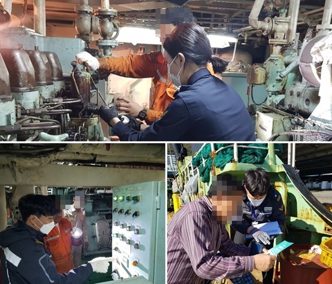 (사진위부터 시계방향) 남해해경청 직원들이 선박 연료유 황함유량 측정을 위해 시료를 채취하고 있다./남해해경청 직원이 선박 관계자를 대상으로 해양오염예방을 위한 행정지도에 나서고 있다./남해해경청 직원이 선박 오염방지설비를 점검하고 있다.(사진제공=남해해경청)