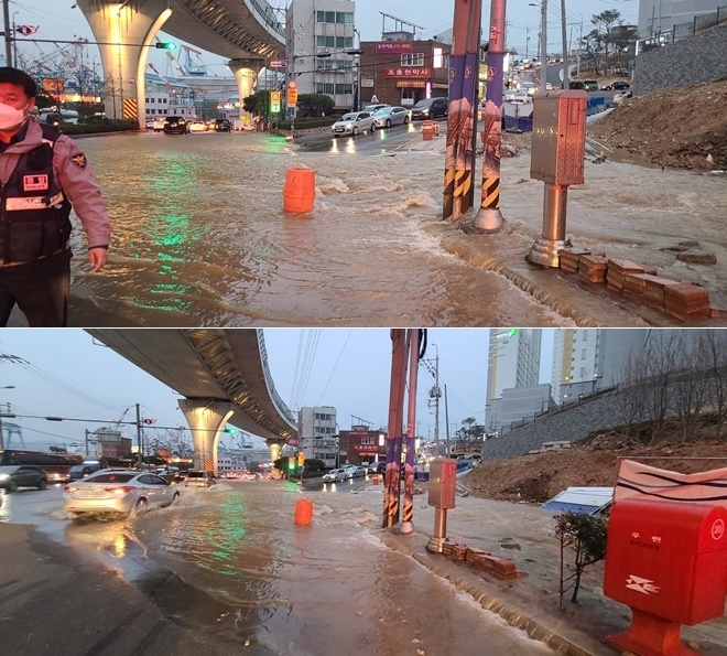봉래로터리에서 경남조선방향 편도 4차로 상수도관 파열로 도로 침수.(사진제공=부산경찰청)
