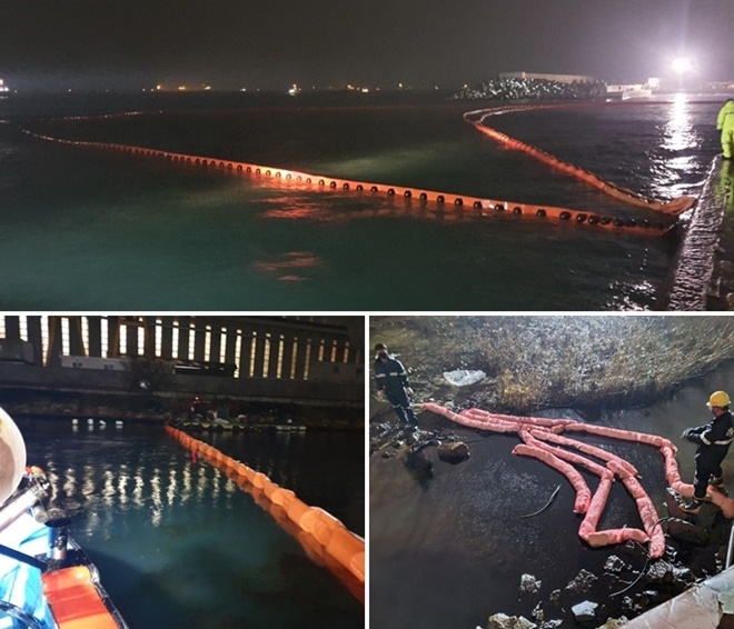 해상유출을 방지하기위해 5중으로 오일펜스를 설치, 대응중이다(사진제공=울산해양경찰서)