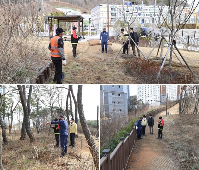 오규석 기장군수가 11일 일광신도시 삼성숲공원 정비사업 현장을 점검하고 있다.(사진제공=부산 기장군)