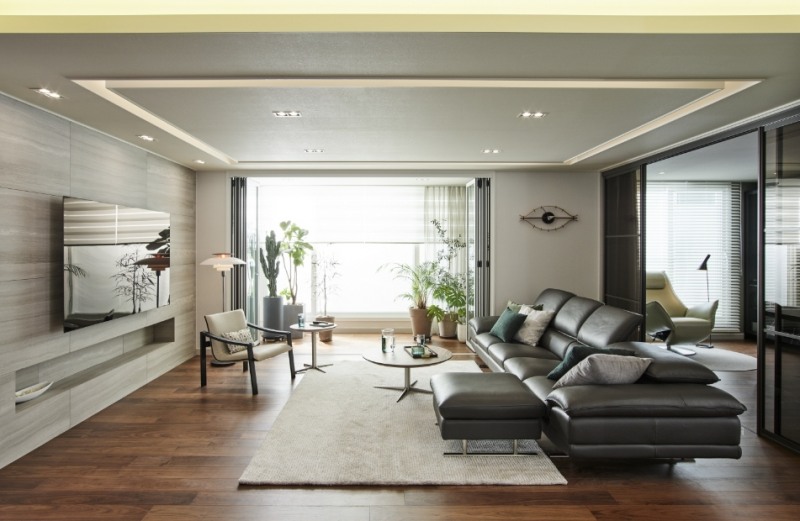 한샘리하우스 스타일패키지 모던브라운 거실 모델하우스 전경.(사진=한샘)