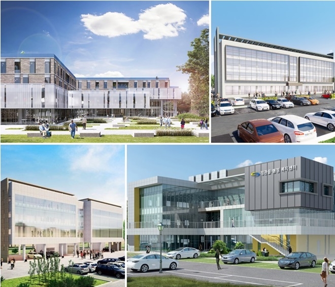 (사진위부터 시계방향) 일광면사무소 신청사(일광면 행정복지센터) 조감도/기장읍사무소 신청사(기장 빛물꿈 교육행복타운) 조감도/정관읍사무소 별관 신청사(정관읍 교육행복센터) 조감도/장안읍사무소 신청사(장안 빛물꿈 교육행복타운) 조감도.(제공=부산 기장군)