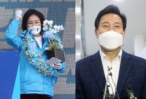 2일 서울 중구 남대문시장 앞에서 열린 유세에서 시민들에게 선물받은 꽃다발을 들고 지지를 호소하고 있는 더불어민주당 박영선 서울시장 후보(왼쪽)와 3일 서울 광진구 자양3동 주민센터 사전투표소에서 투표를 마친 뒤 인터뷰하고 있는 국민의힘 오세훈 서울시장 후보. 사진=연합뉴스