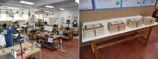 수용자들이 경상남도 기능경기대회 목공예부문에 참가해 그동안 갈고 닦은 실력을 선보이고 있다.(사진제공=진주교도소)
