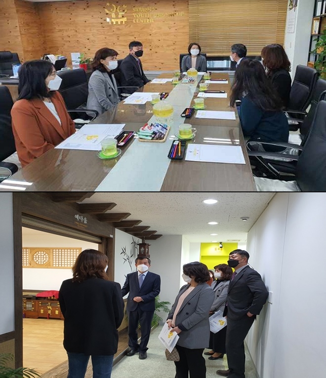 수원가정법원 소년부 박미화 부장판사 등 4명은 센터의 업무현황에 대해 설명듣고, 교육시설을 참관하고 있다.(사진제공=수원청소년꿈키움센터)