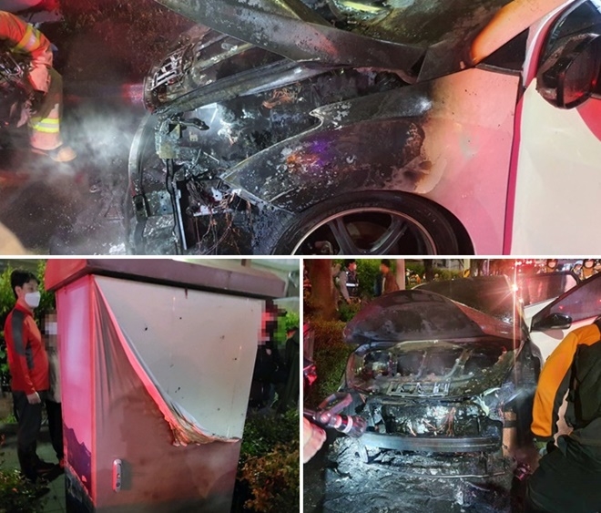 챠량엔진룸과 도로주변 신호등 제어기 일부 소훼.(사진제공=부산경찰청)