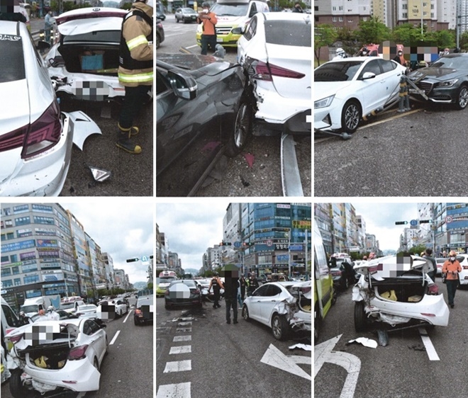 5월 1일 오전 부산 강서구 명지동 기업은행 사거리 6중 연쇄추돌사고.(사진제공=부산경찰청)