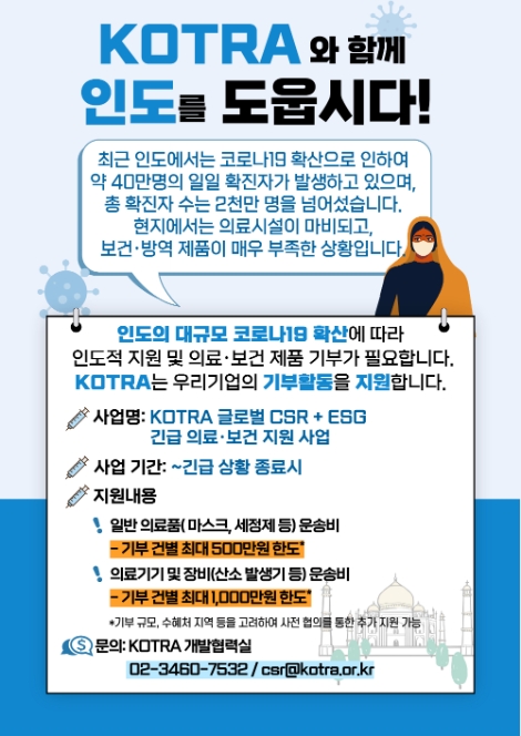 KOTRA, 인도 코로나19 돕기 위한 ‘긴급 의료·보건 지원 사업’ 추진