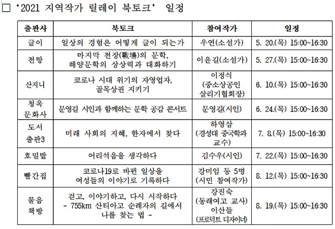 2021 지역작가 릴레이 북토크 일정.(제공=부산시교육청)