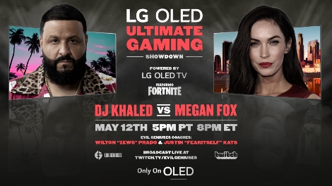 현지시간 12일 LG FOMO 채널에서 독점 공개되는 음악 프로듀서 DJ 칼리드(DJ Khaled)와 영화배우 메간 폭스(Megan Fox)의 게임 대결 예고 이미지. 사진=LG전자
