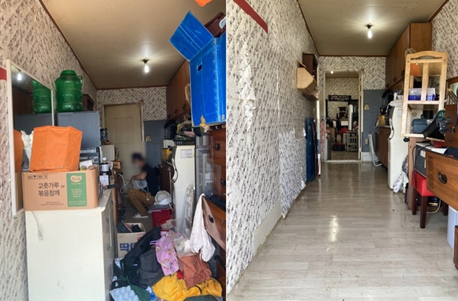 사회봉사 대상자들이 13일 저장강박 세대 주거지 내 물품 정리 및 청소를 하고 있다.(사진제공=창원준법지원센터)