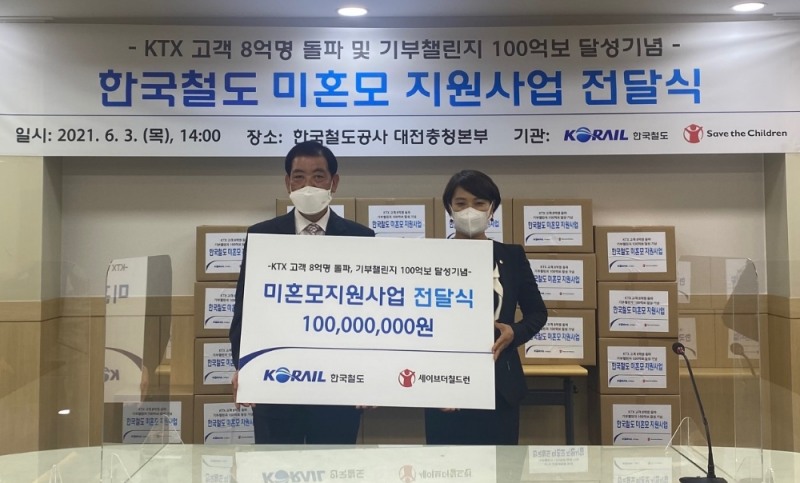 (왼쪽부터) 김용수 한국철도 대전충청본부장, 유혜영 세이브더칠드런 서부지부장.(사진=코레일)