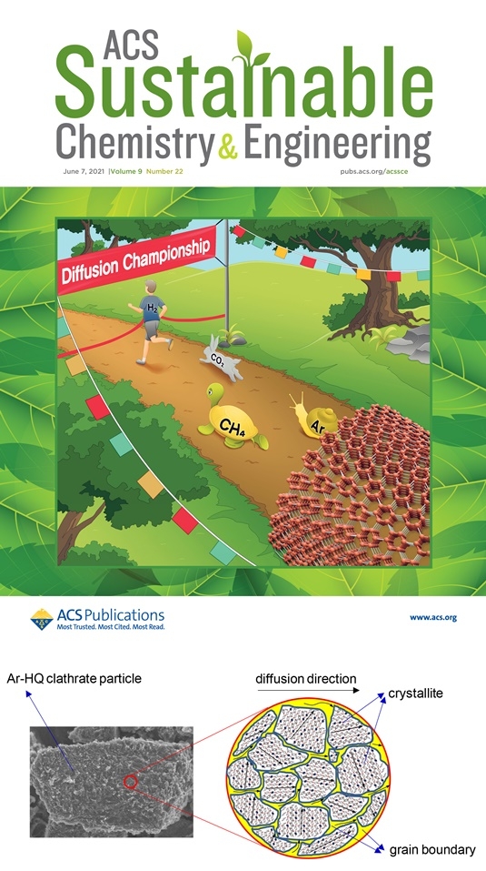 국제학술지 「ACS Sustainable Chemistry & Engineering」 표지논문 커버이미지. /알곤-하이드로퀴논 클래스레이트의 1D 동공 나노채널에서 알곤원자의 확산 거동에 대한 개념이미지.(제공=한국해양대학교)