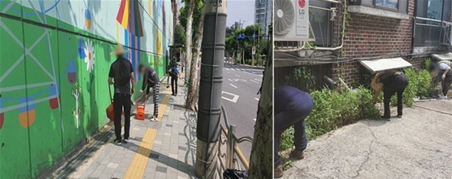 사회봉사명령대상자들이 지역사회 환경정화활동을 벌이고 있다.(사진제공=서울준법지원센터)