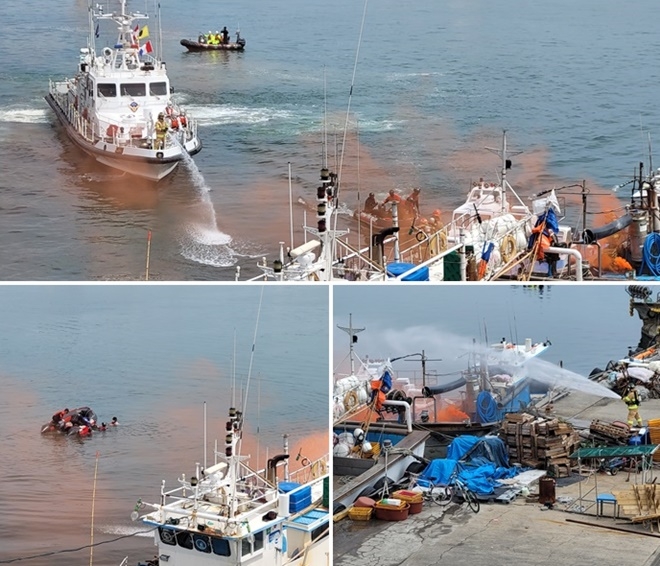 화재어선 침몰상황을 가정해 수난대비 기본훈련을 하고 있다. (사진제공=울산해양경찰서)