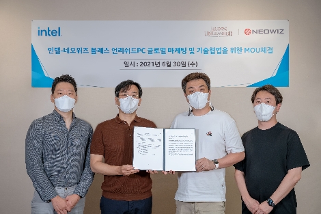 왼쪽부터 마승재 인텔 글로벌 게임 어카운트 매니저 한국 총괄 이사, 김준호 인텔 아키텍처 그래픽 소프트웨어 그룹 아시아 클라이언트 어카운트 총괄 전무, 박점술 네오위즈 블레스 언리쉬드 PD, 심보송 네오위즈 블레스 언리쉬드 사업 팀장. 사진=네오위즈