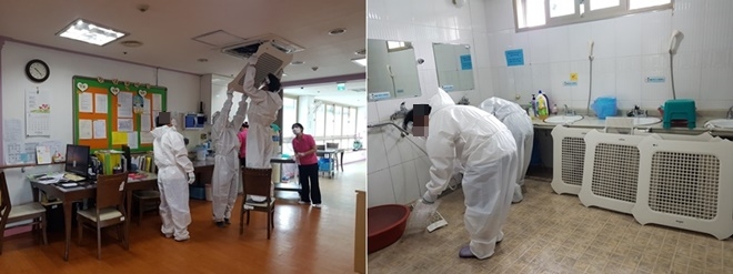 사회봉사대상자들이 에어컨필터를 세척하고 있다. (사진제공=안산준법지원센터)